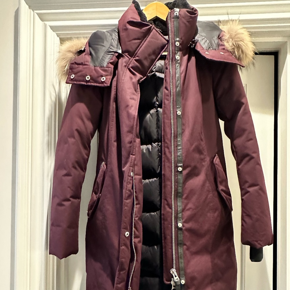 Woman's Maroon Mackage Long Winter Parka Coat with Fur-lined Hood